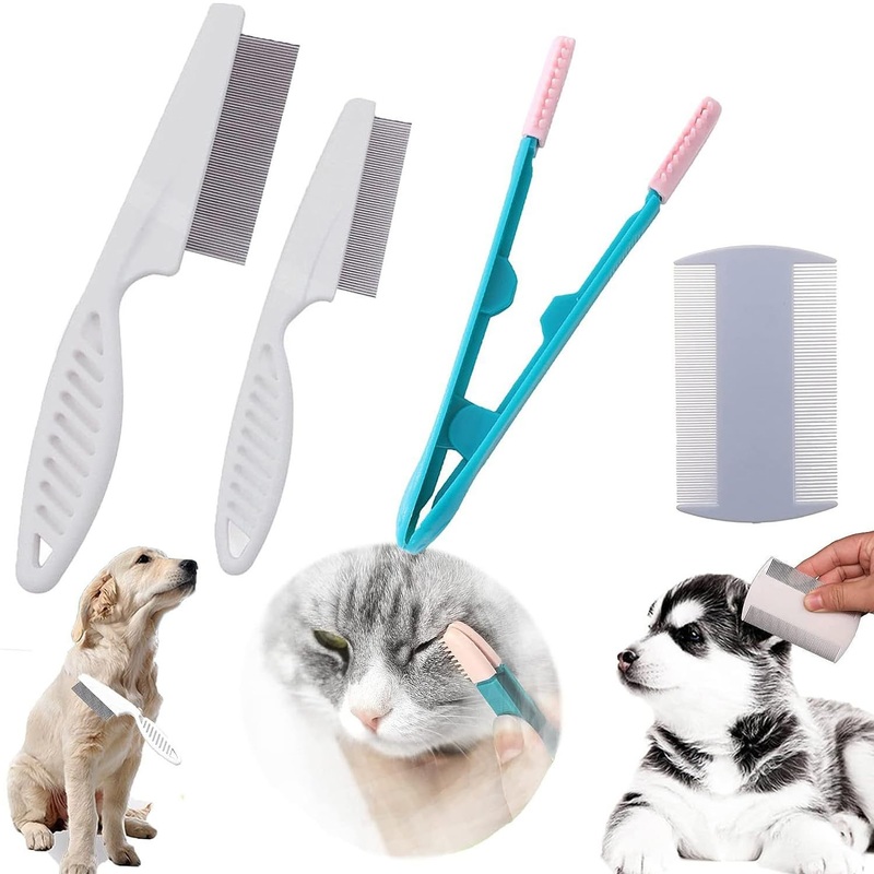 MEISO 4 pieces animal hair comb, cats and dogs comb, multifunctional animal hair comb, cat dog flea comb, pet tear stain remover comb set, pet dog cat care comb