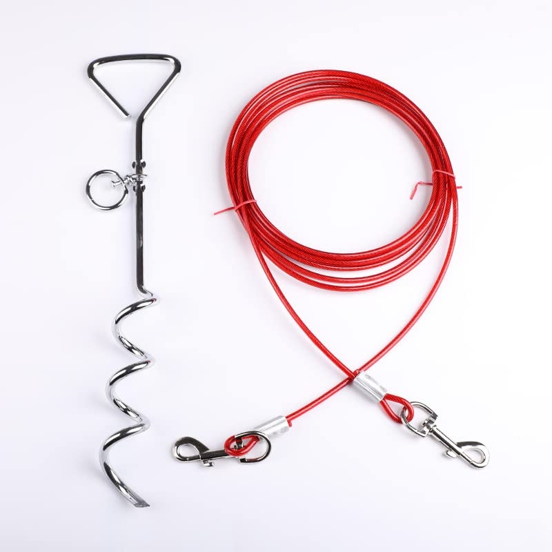 Mooring spiral mooring peg with dog leash, mooring peg with leash, 15 inch mooring pegs for dogs with 3M tie-out lines, stainless steel ground anchor for yard and camping for small to medium dogs (red