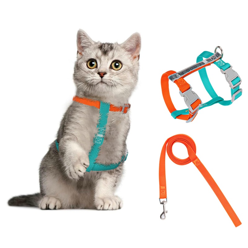 Moorle Cat Harness with Leash, Cat Harness, Escape-Proof, Adjustable, Escape-Proof Cat Vest with Reflective Strips, Lightweight Cat Harness, Kitten Set for Cats and Dogs (S) S Orange and Blue