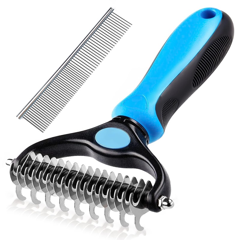 Nepfaivy dog brush, cat brush, long hair undercoat – undercoat brush, de-matting comb for dogs, cats, double-sided, fur brush for pet care against matting and undercoat, blue