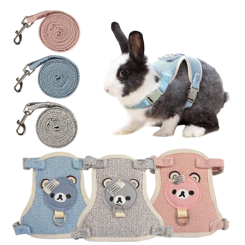 Pack of 3 Rabbit Leash 120 cm Adjustable Cat Harness Rabbit Harness Rabbit Leash Dwarf Rabbit Rabbit Leash for Dwarf Rabbits Cat Harness Set with Leash for Cats Cat Harness (3-6 kg) 3-6 kg