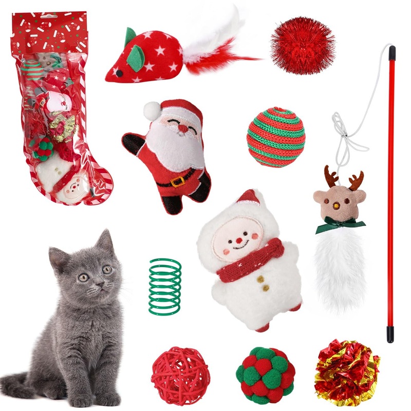 Pawaboo Christmas cat toy, 10 pieces Christmas cat toy set with various toys, interactive toy, cat ball toy, cat gift box, Christmas toy for cat, red C set