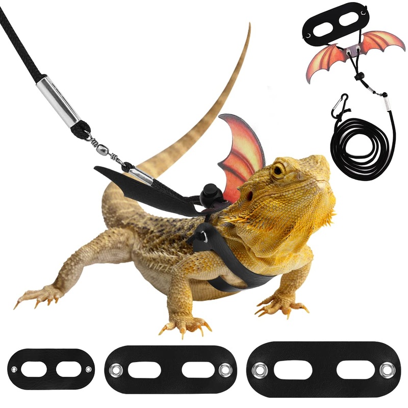 Pawaboo Pet Harness, 3 Leather Bearded Dragon Lizard Harness Hammock Set Adjustable Outdoor Harness Leash for Small Pets Lizard Reptiles – Gradient Yellow