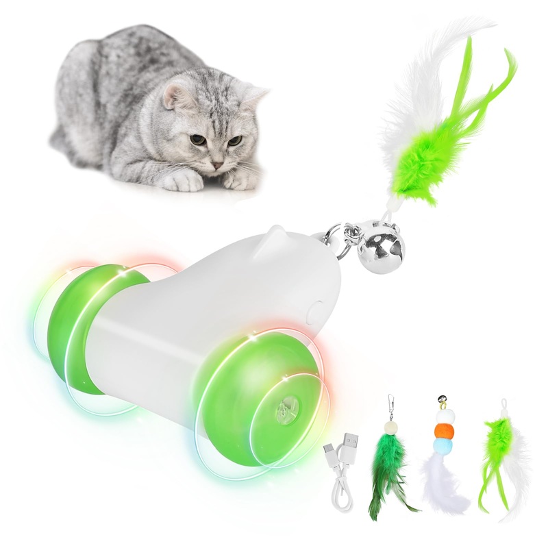 PETTOM Cat Toy Self-employment, Cat Toy Electric Movement with 3 Feathers, Interactive Toy for Cats USB Rechargeable Green