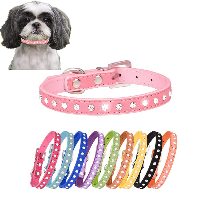 Rhinestone Dog Collar Cute Crystal Diamond Cat Collar Soft Leather Kitten Puppy Collars Adjustable for Small Medium Dogs Pink XS Rose
