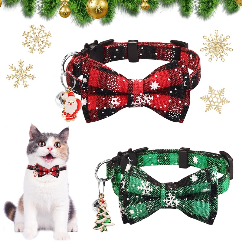 RICKMASK 2 pieces cat collars, Christmas neck cat collars, adjustable bow cat collar, Christmas cat collar with bell, pet collar for kittens, puppies