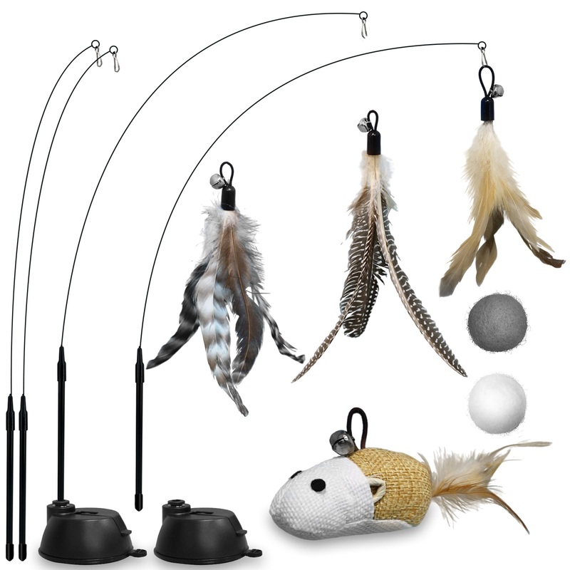 ROSAUI cat toy, 12 pieces cat fishing rod with 2 suction cups, cat toy self-occupation with mouse, natural interactive cat toy for cats, intelligence toy with feathers 2 suction cups – 12 pieces