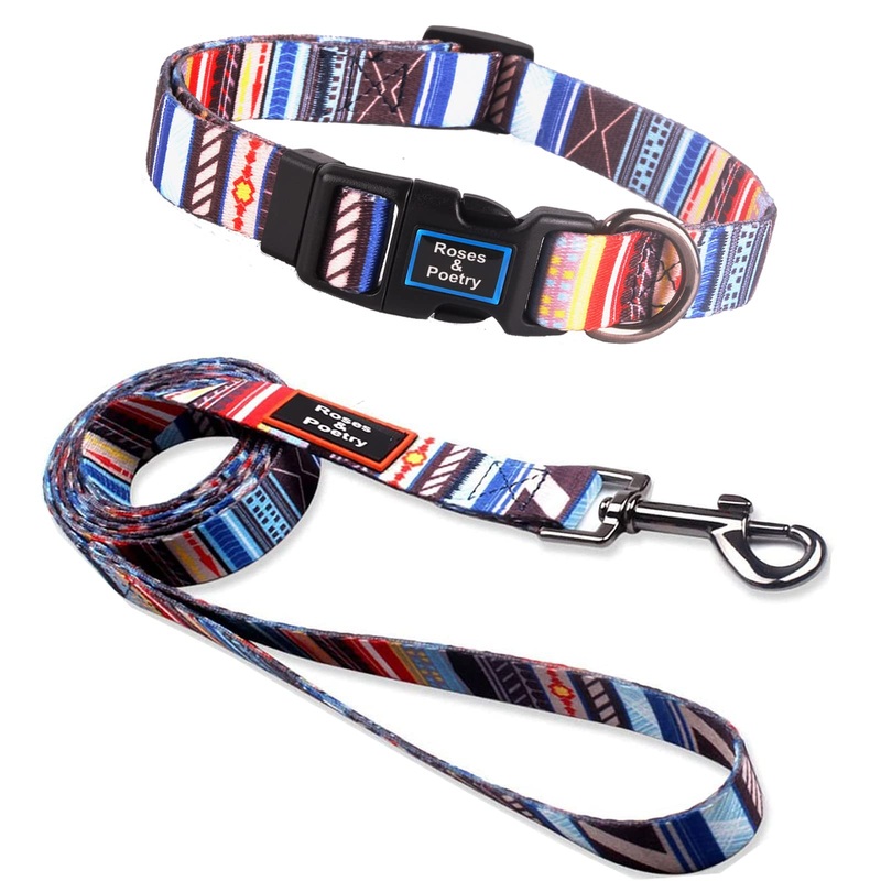 Roses&Poetry dog leash (1.5 m) dog collar in set for puppies, small, medium, large dogs with wonderful design, adjustable pet dog collar and dog leash set (stripes L) stripes L