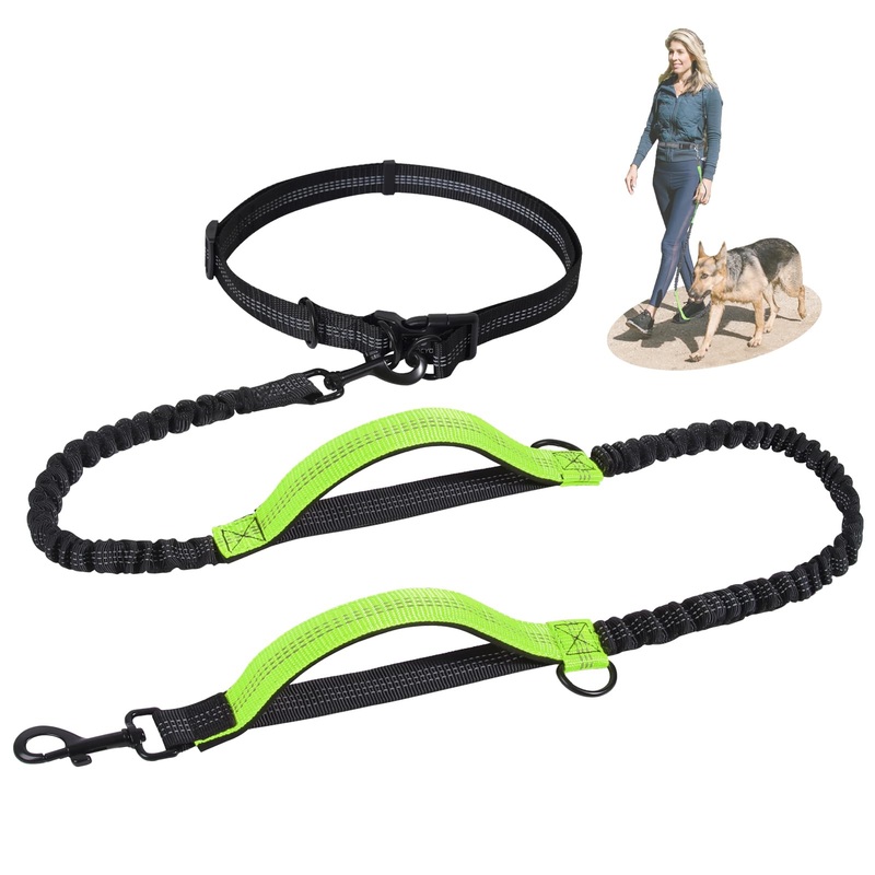 Snocyo jogging leash for dogs, jogging dog leash for medium and large dogs, elastic and reflective dog leash, retractable leash with double handle and waist belt for one dog, black and green