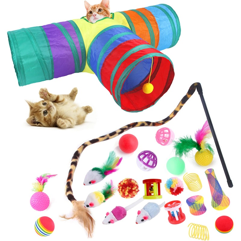 SUOXU Cat Toy Set, 22 Pieces Interactive Cat Toys – with Cat Tunnel Cat Toy Mice Toy Variety Pack for Indoor Kitty (Style 1) Style 1