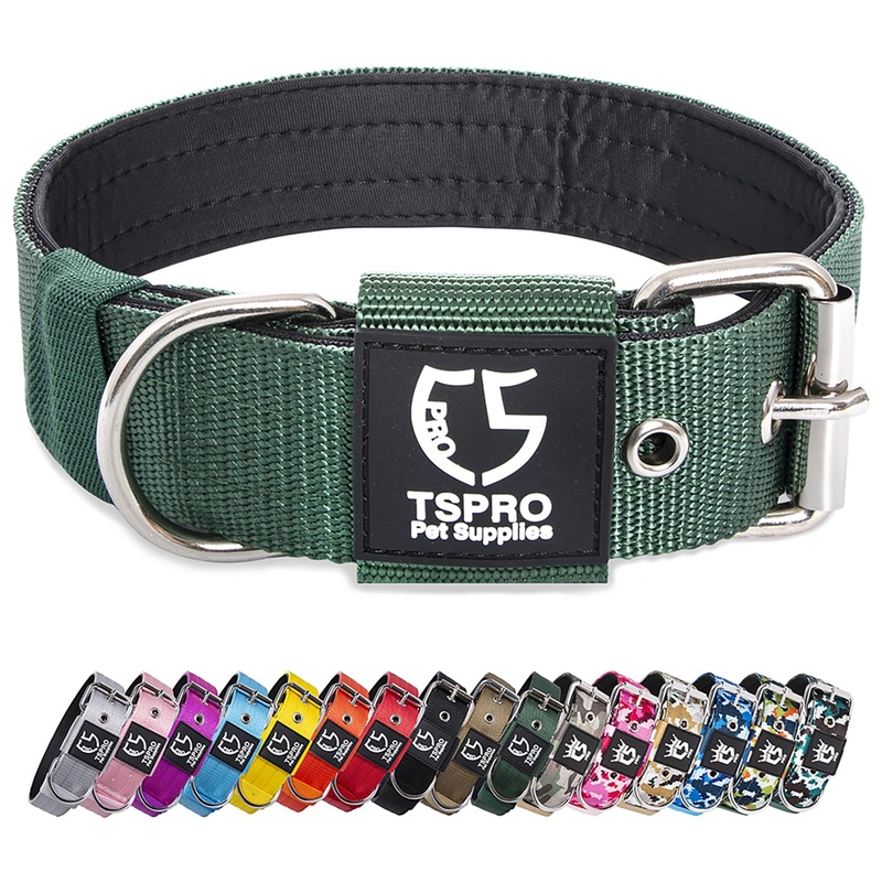 TSPRO Tactical Dog Collar, 3.8cm Wide, Military Grade, Strong Dog Collar, Thick Dog Collar, Heavy Duty Metal Buckle, Dog Collar Green-M(Green-M) Size M-(adjustable 44.5-52cm)
