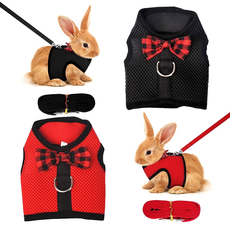 Yuehuabao Pack of 2 Rabbit Harnesses, Breathable Rabbit Harness, Soft Mesh for Rabbits, Hamsters with Leash, Small Animals, Jogging (L, Blue Red)