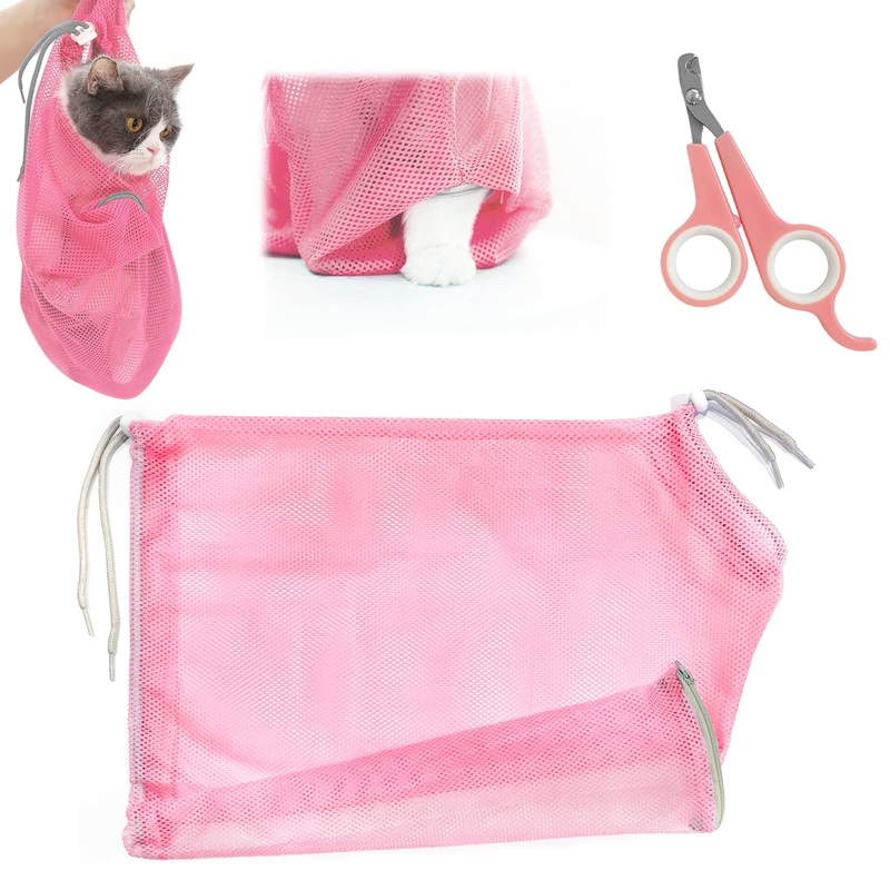 2 Pcs Cat Bath Bag and Pet Nail Scissors Cat Grooming Anti-Scratch Mesh Bag for Pet Bathroom Nail Clippers A