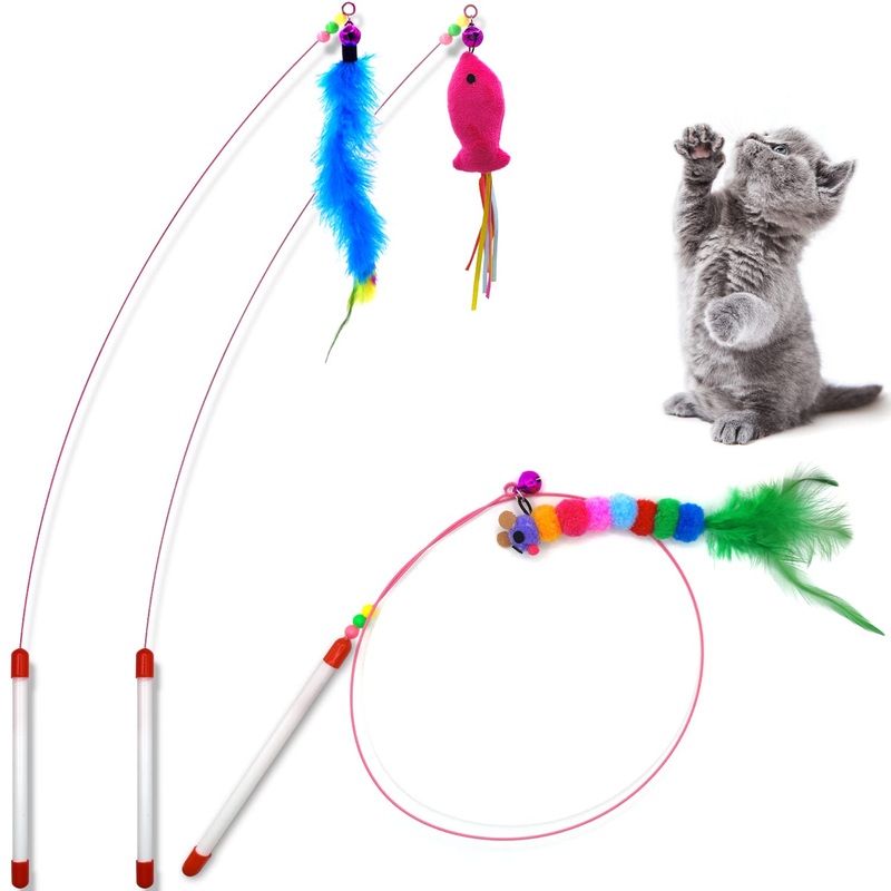 Autoau cat toy, interactive cat toy with feathers, bells, 3 cat fishing rods with feathers/bugs/fish, cat toy set for kittens and cats, 3 walls