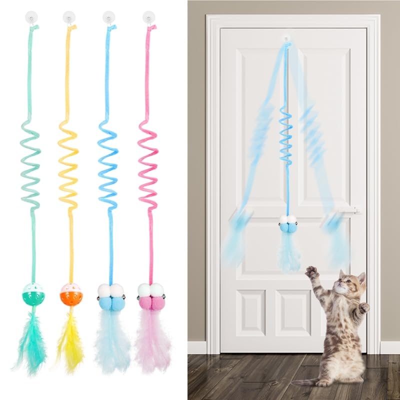 Bestomrogh Pack of 4 Cat Toys Self-Employment Hanging Door Frames, Adjustable Ball Teaser Toy with Bell, Cat Interactive Toy for Indoor Kitten Chase