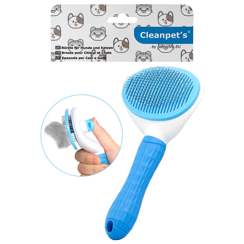 Cleanpet’s dog brush and cat brush for cats, dogs and puppies with short and long hair, self-cleaning animal hair brush, removes undercoat, blue