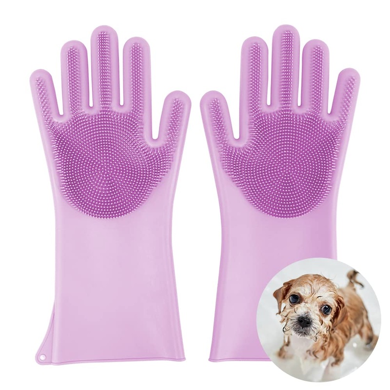COMFPET Pet Grooming Gloves for Dog Hair Removal, Cat Brush for Shedding, Bathing and Massage for Puppies and Kittens, Food Grade Silicone (Purple) Purple