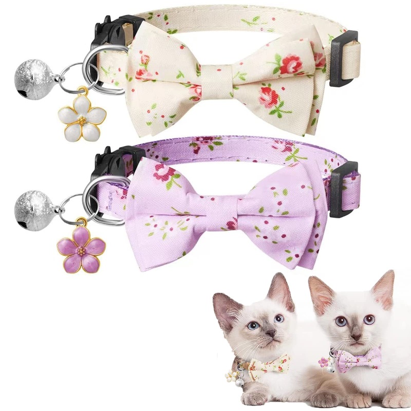 IOSPKKIO Pack of 2 Personalized Cat Collars for Girls with Bow Tie and Bell, Cute and Safe Kitten Collars Cats White+Purple