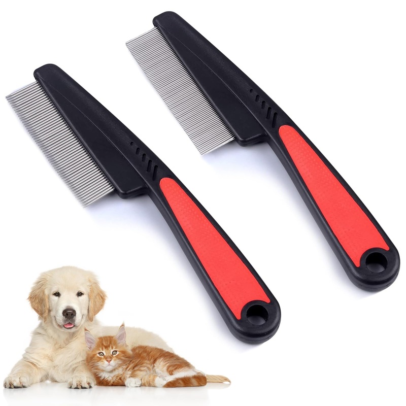 Monsully Pack of 2 Flea Combs for Dogs and Cats, Pet Dust Comb, Professional Dog Cat Lice Comb, Dust Comb, Flea Comb, Coarse and Fine Teeth, Stainless Steel Lice Comb