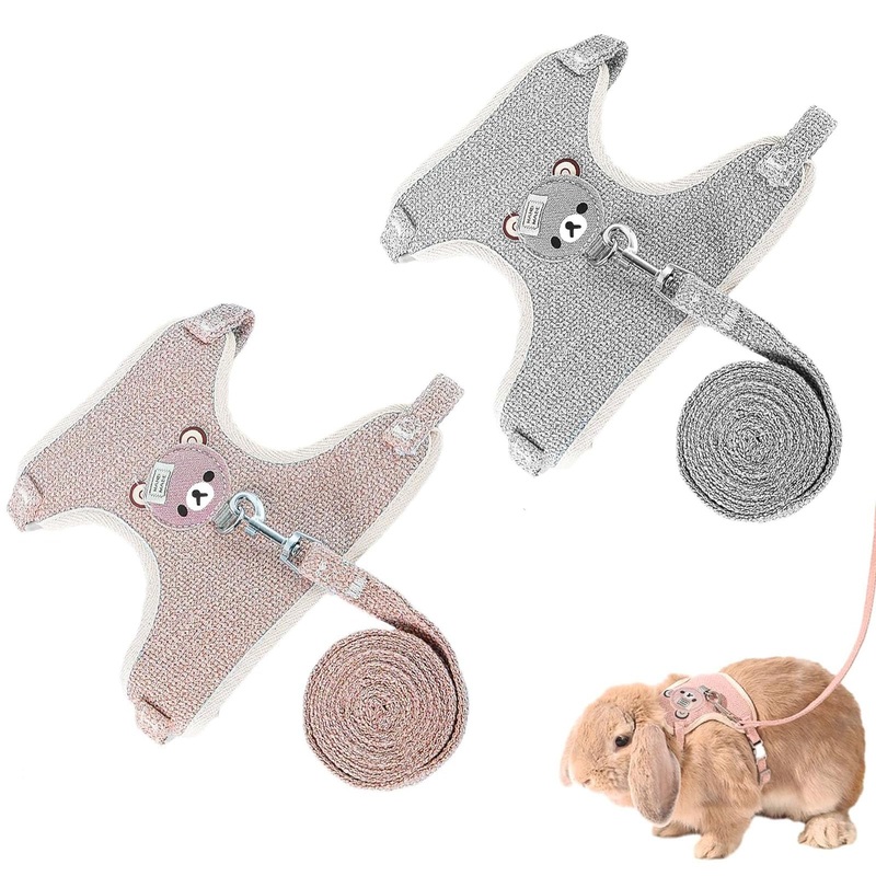 Pack of 2 rabbit leashes, dwarf rabbits, adjustable rabbit leashes, adjustable soft rabbit harness with elastic leash for small animals, kitty pets (pink and grey).