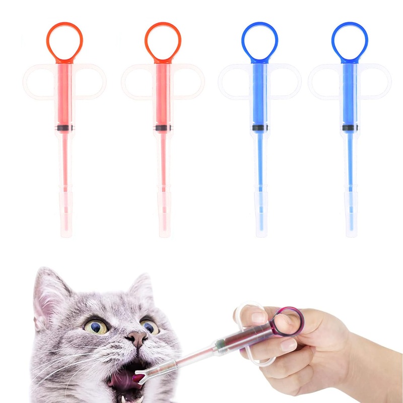 Pack of 4 Dog Tablet Syringe, Pet Medicine Dispenser, Medicine Feeder, Pet Dog Cat Push Dispenser, Reusable Tablet Feeding Tool, for Cats Dogs (Red, Blue)