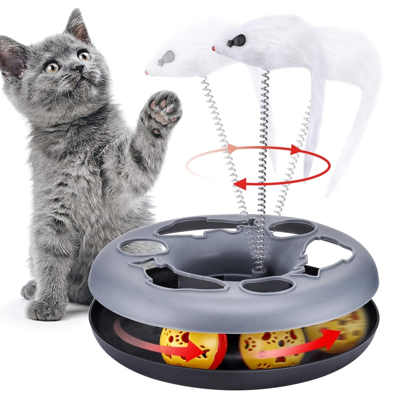 Pawzone Interactive Cat Toy 2-in-1 Cat Toy with Mouse, Cat Rotating Teaser Feather and Ball (Grey) Grey