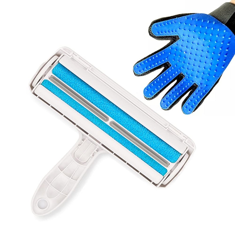 Pet Hair Remover Lint Roller & Pet Grooming Glove, Dog and Cat Fur Remover Brush Self-Cleaning Base, for Furniture, Carpet, Car Seat, Massage Glove with Improved Five Finger Design