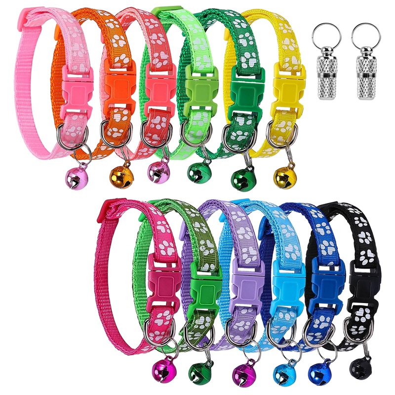 WHC Pack of 12 cat collars with safety clasp and bell and cat collar name address, colorful removable cat collars, adjustable cat collar 19-32 cm for cats and puppies, rabbits