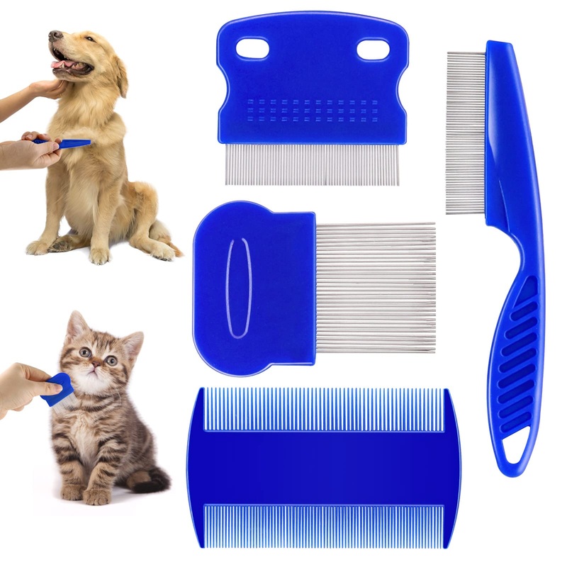 4 PCS Flea and Lice Combs, Stainless Steel Double Sided Dog Combs, Combs for Removing Tear Stains and Knots, Detangling Tool for Small, Medium and Large Pets