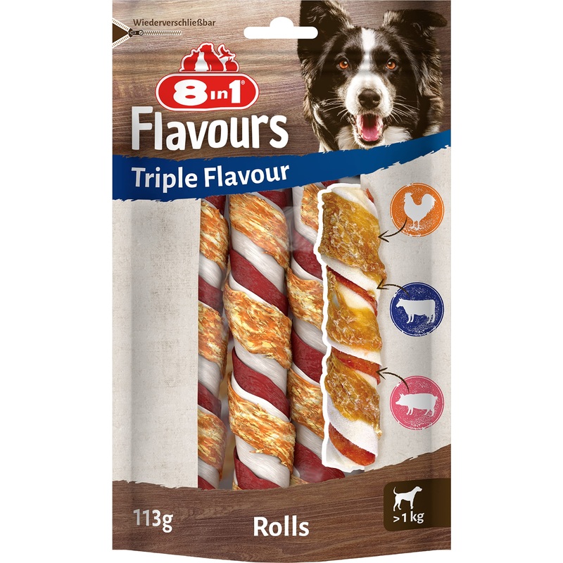 8in1 Triple Flavor Rolls chewing sticks for dogs – chewing snacks with extra meat, 113g bag (3 pieces)