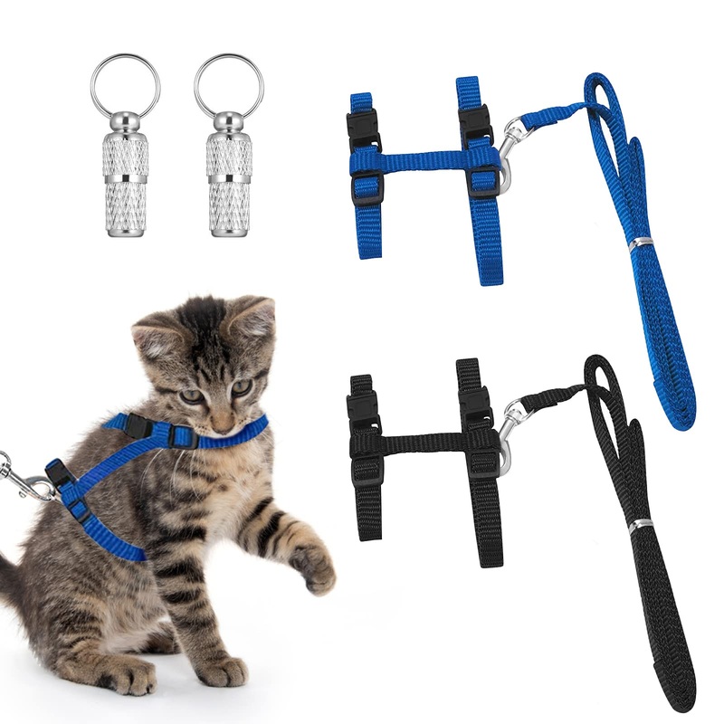Adjustable Harness Cat Lead, Pack of 2 Cat Vest with Lead and 2 Pet ID Tag, Adjustable Nylon Harness, Cat Lead, Escape-Proof Cat Vest, Cat Harness, for Small Cats and Rabbits,Blue blue