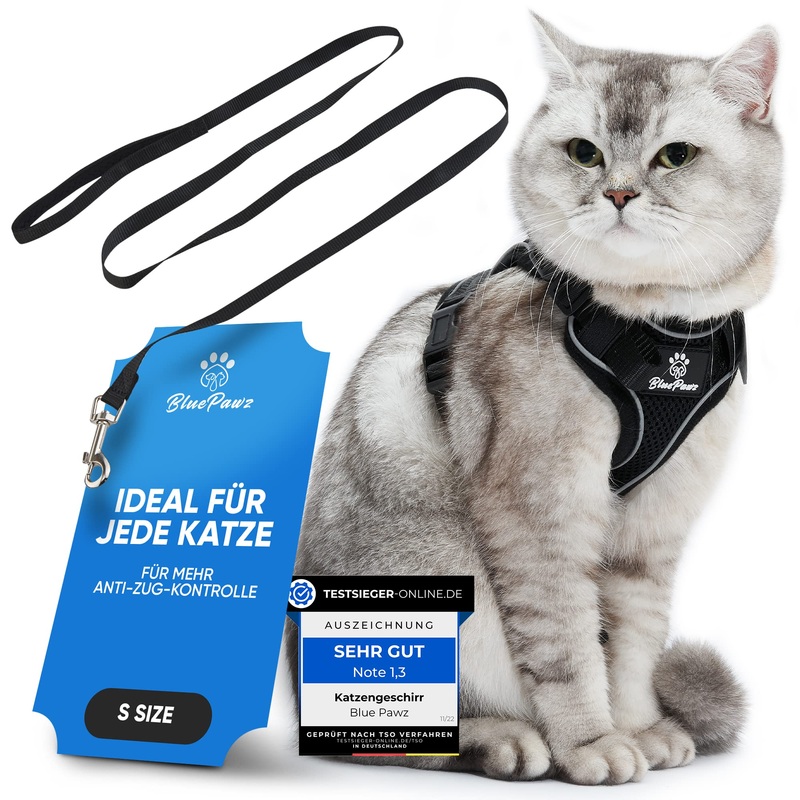 Blue Pawz cat harness with leash – 170cm | Cat harness escape-proof & high quality | Cat leash with harness for cats | Cat harness for unforgettable moments (S), black S