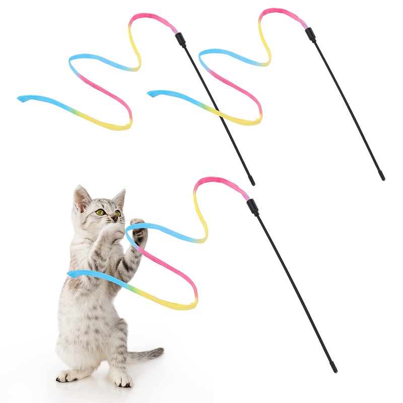 cobee Interactive Magic Wand for Cats, Rainbow Magic Wand for Cats Toy Cat Charmer String Kitten Ribbon Toy Ribbon Charmer for Playing (3 pieces, 30cm) 3 pieces, 30cm