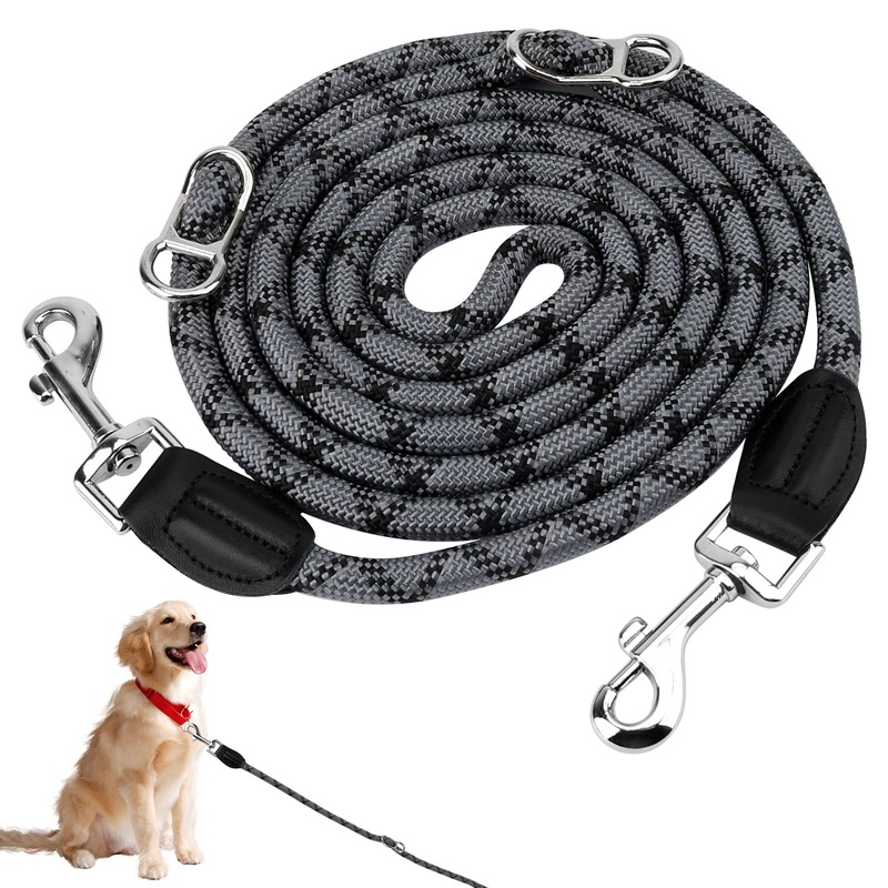 Dog leash with 2 carabiners, 2 rings, reflective, adjustable double leash, 2.6 m, multifunctional dog leash for large and medium-sized dogs