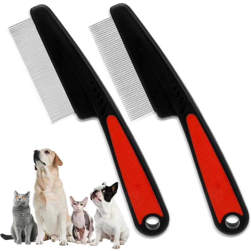 FANTESI Pack of 2 flea combs for dogs and cats, flea comb for removing fleas, pet comb, professional flea comb, professional dog, cat, lice comb, dust comb, flea comb, coarse and fine teeth, stainless steel Lice Flea Comb