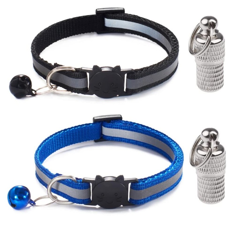 LATRAT 2 Pack Anti-Strangulation Cat Collar Adjustable with 2 Tags Address Holder for Kitten Puppy Cat Collar (Blue, Black)