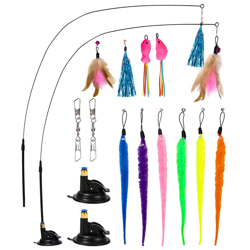 LEAZZLE cat toy, 16 pieces cat toy with feathers, cat toy with 2 retractable interactive cat fishing rods and 14 pieces feather/bug/mouse replacement with bells