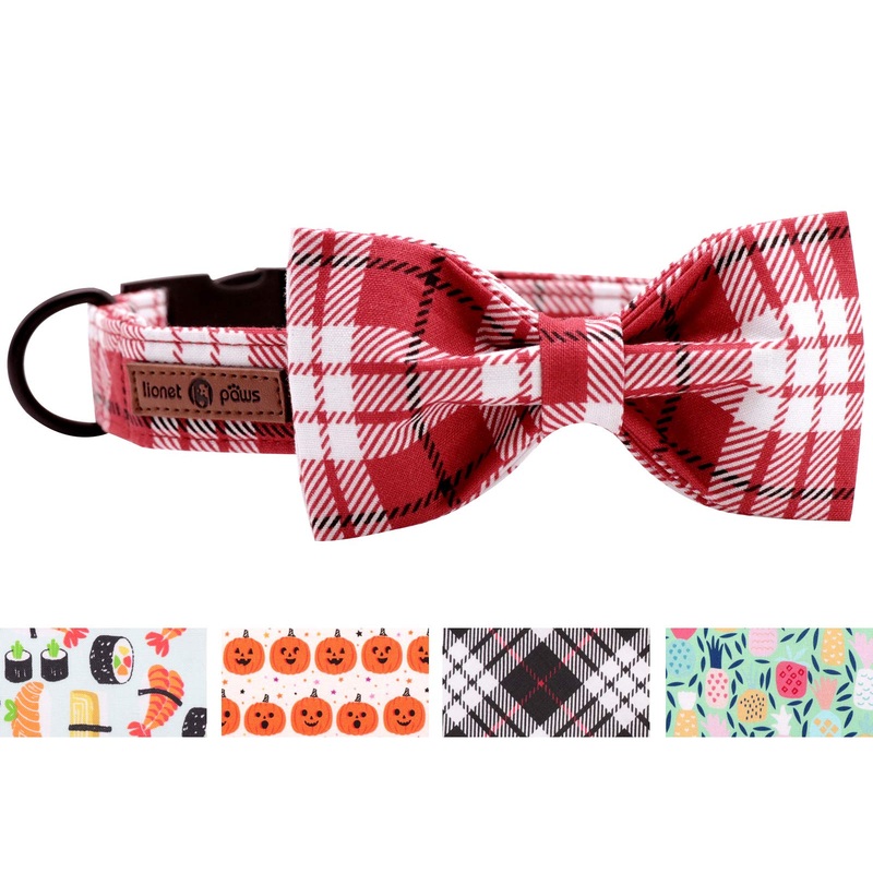 lionet paws Christmas Soft Cotton Bow Tie Dog Collar with Metal Clasp Adjustable Collars for Large Dogs, Neck 40-60 cm L Collar & Bow Tie (Pack of 1) Red Checked