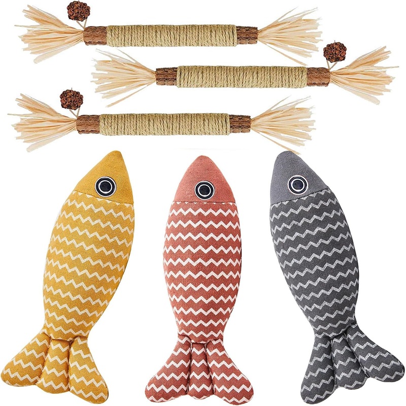 MarverFace Catnip Toys Pack of 6, 21CM Catnip Toys Fish Shape, 3 Matatabi Catnip Sticks, Cat Toys for Cats Playing and Chewing