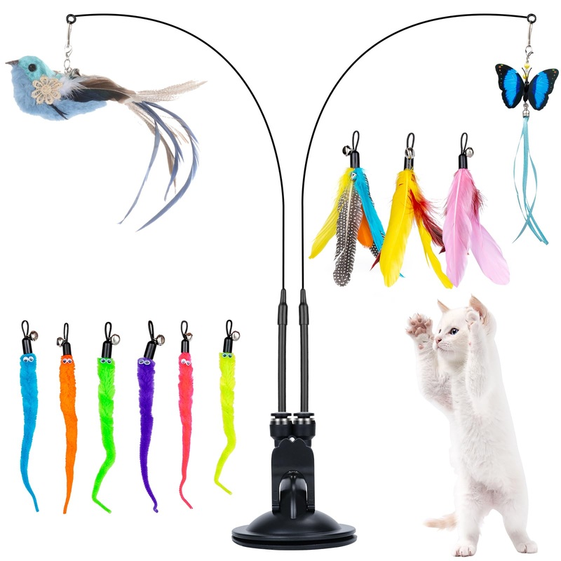 MEYDLL Pack of 14 Interactive Cat Toys with Feather Cat Fishing Rod Cat Feather Toy with 2 Hole Suction Cups for Kitten Cat Magic Wand Toy Wire with Bird Feathers Butterfly Worm Color 1/14 Piece Cat Toy