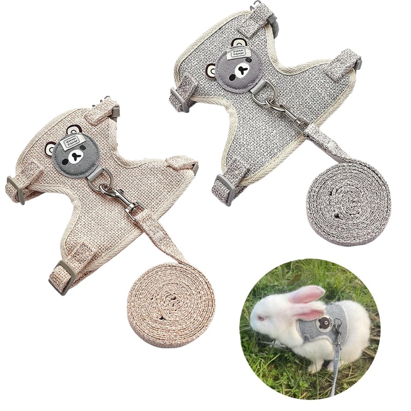 Pack of 2 Rabbit Leash, Gray & Beige Rabbit Harness, Elastic Adjustable Rabbit Leash, Rabbit Harness with Leash for 1-3 Pounds Small Animals, Rabbit Accessories
