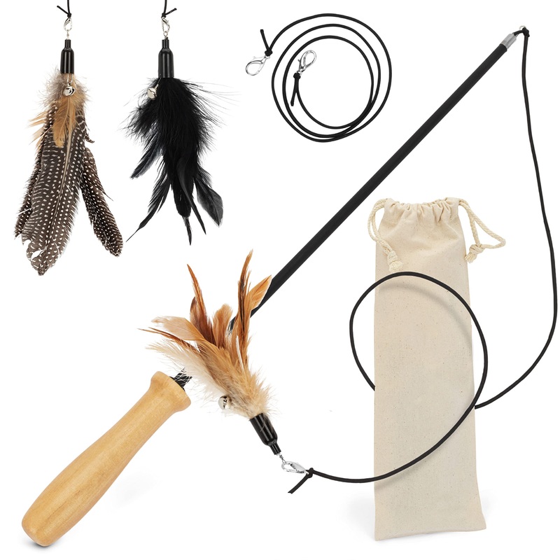St.Pawly cat fishing rod – cat toy – interchangeable tags – replacement strap – ergonomic wooden handle – sustainable toy for cats – stable