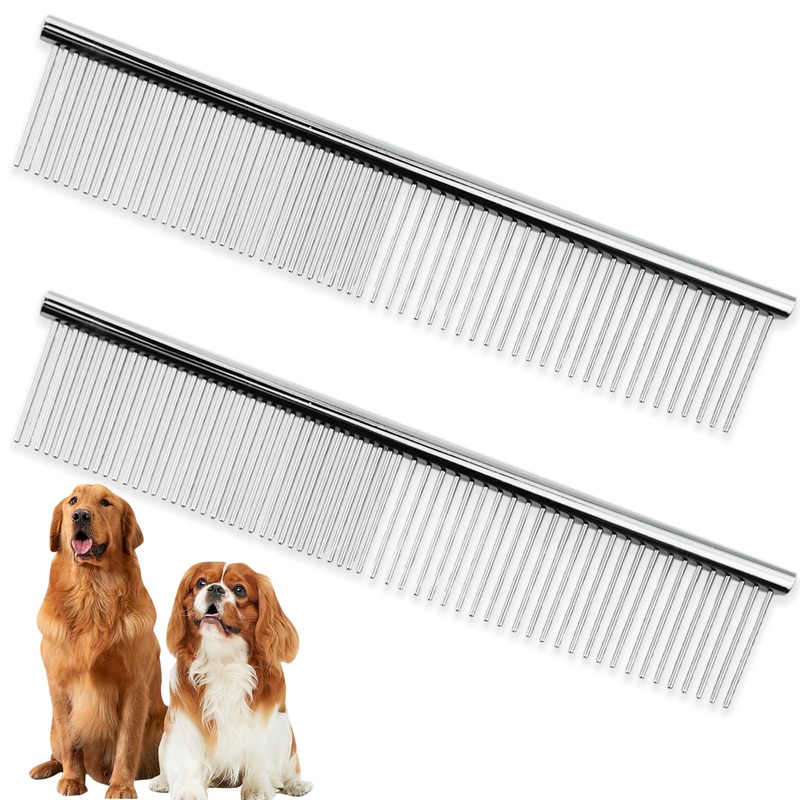 Stainless Steel Pet Comb Pet Grooming Comb Rounded Teeth Dog Comb for Large, Medium and Small Dogs and Cats with Tangled Short/Long Hair (19 x 3.5 cm)