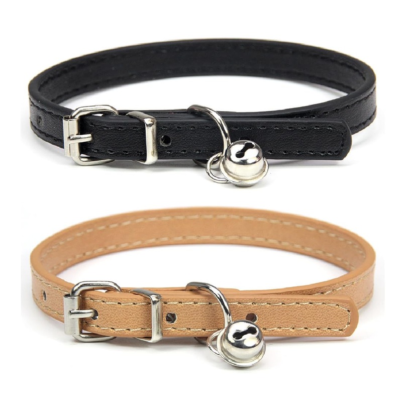 Tadipri Pack of 2 Leather Cat Collars with Bell Polished Safety Collar for Cats with Elastic Strap for Kittens Puppies Dogs Cats (Black/Khaki)