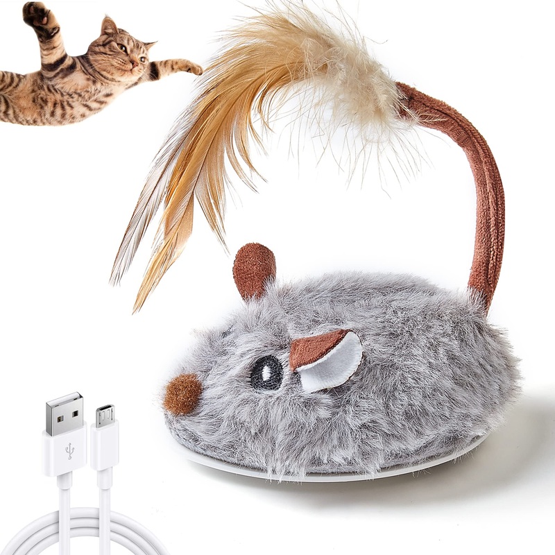 Vealind Cat Toy Electric Play Mouse, Play Mice for Cats with Feather Tail, Interactive Toy Mouse with USB Cable (Grey) Grey