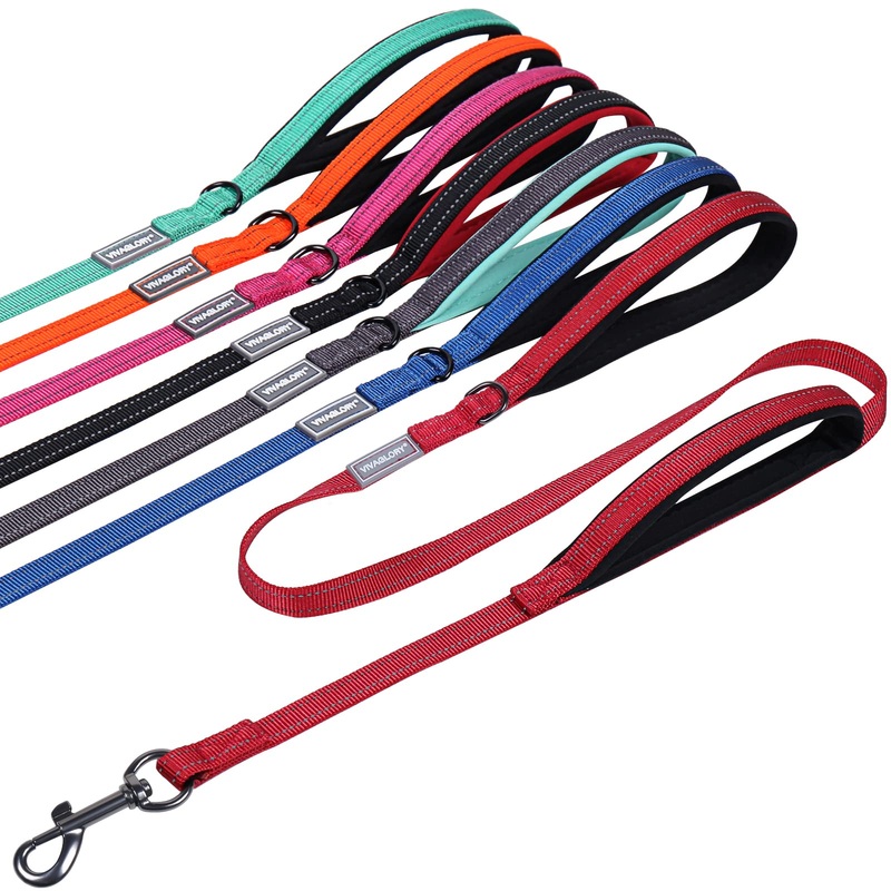 VIVAGLORY Traffic Handle Dog Lead, Dog Lead with Two Padded Handles, Strong Reflective & Metal Hook Training Lead for Dogs, Red 1.2 m x 1.4 cm