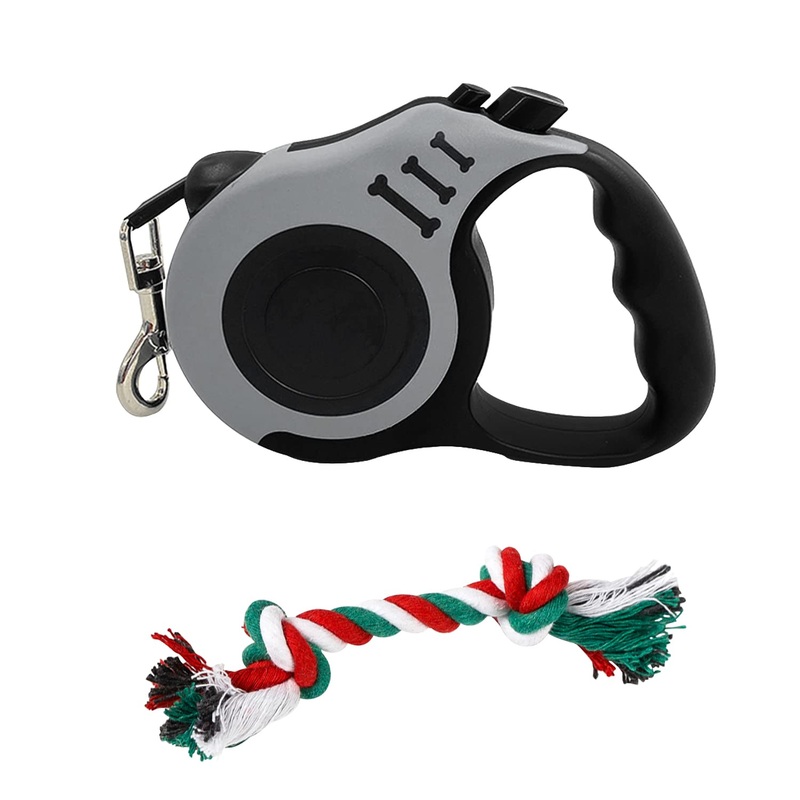 1 x Retractable Dog Leash with 1 Toy Dog Leash, 5m Nylon Rope with Non-Slip Handle, One-Hand Brake (Grey)