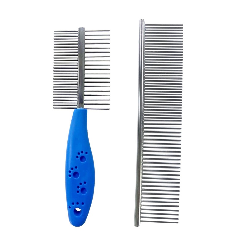 2-Piece Stainless Steel Pet Comb Pet Grooming Comb Rounded Teeth Dog Comb Pet Steel Comb Metal Grooming Comb, with Tangled Short and Long Hair (as shown) as shown