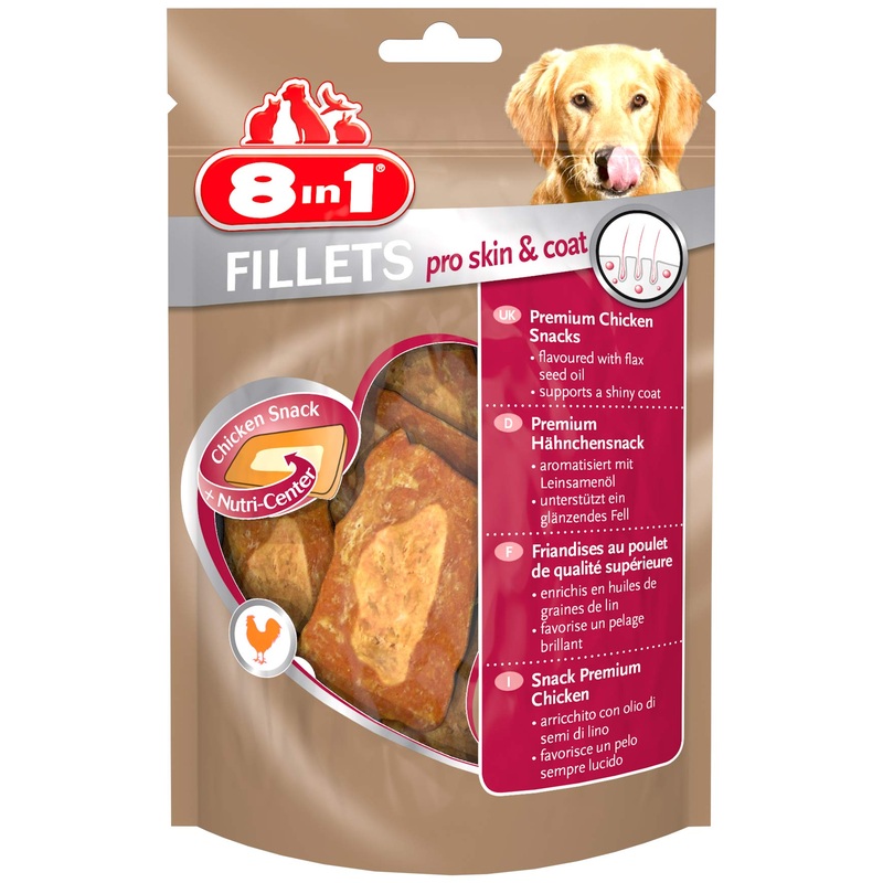 8in1 Fillets Pro Skin & Coat Dog Snack with Chicken, Functional Treats for Dogs, Flavored with Flaxseed Oil, 80g Bag 80g (Pack of 1)