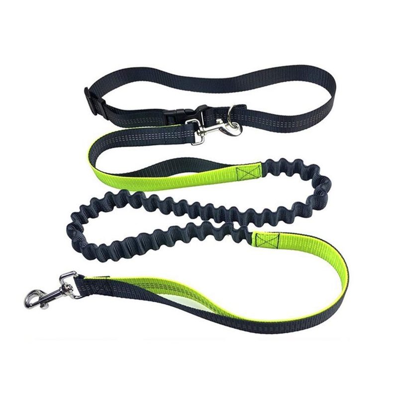 Aiqeer Gray Hands-Free Dog Lead, Adjustable Waist Belt and Stretchy Bungee Lead, Jogging Dog Lead with Reflective Stitching (Green Handle)